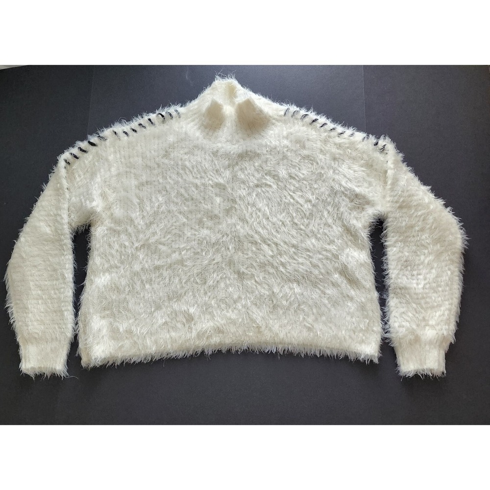 1 STATE XL White EYELASH Mock Neck SHAGGY Black WHIPSTITCH‎ Cropped Sweater